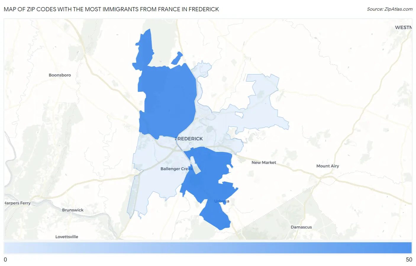 Zip Codes with the Most Immigrants from France in Frederick Map