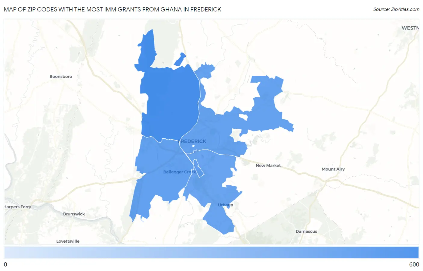 Zip Codes with the Most Immigrants from Ghana in Frederick Map