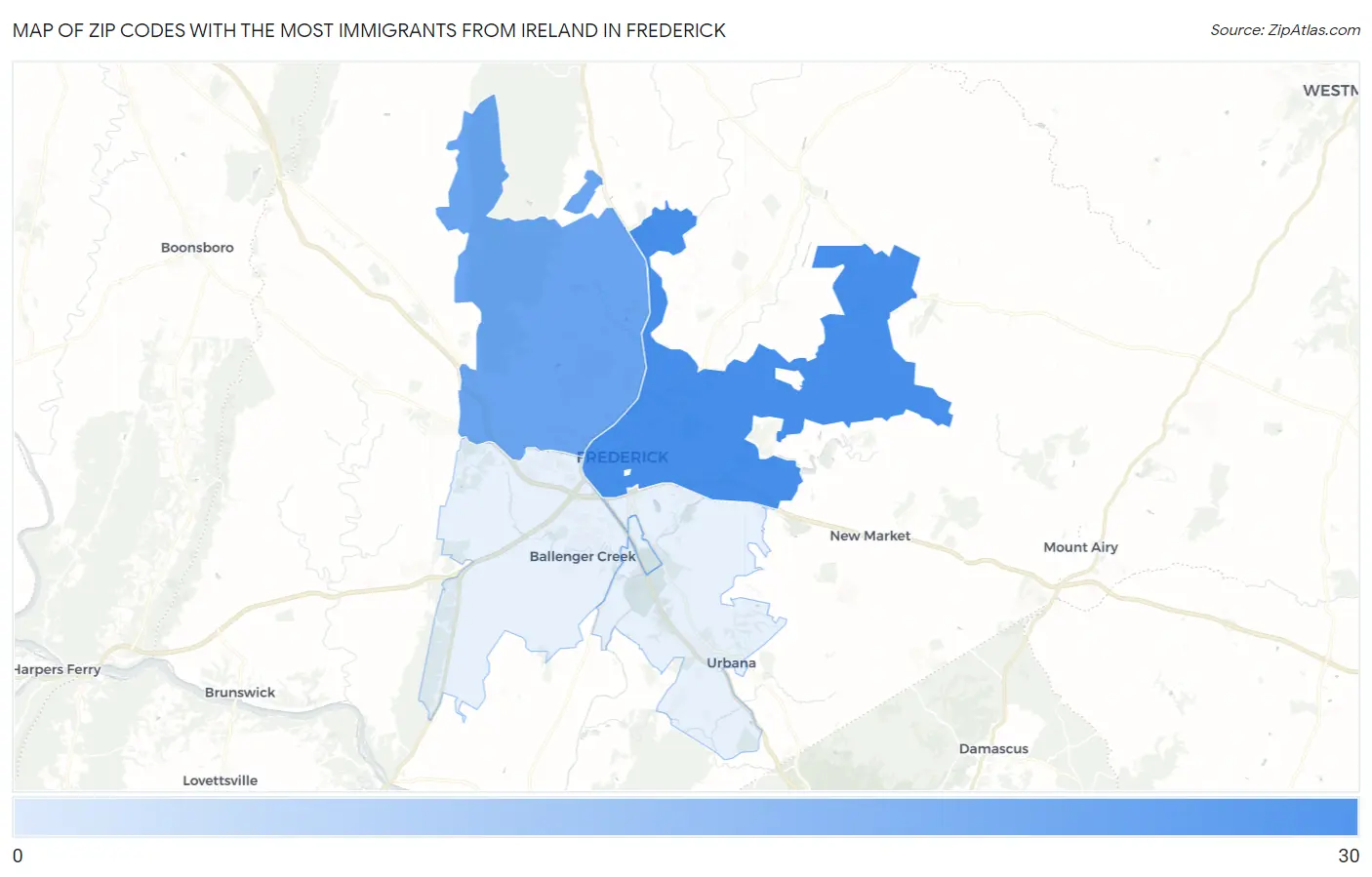 Zip Codes with the Most Immigrants from Ireland in Frederick Map