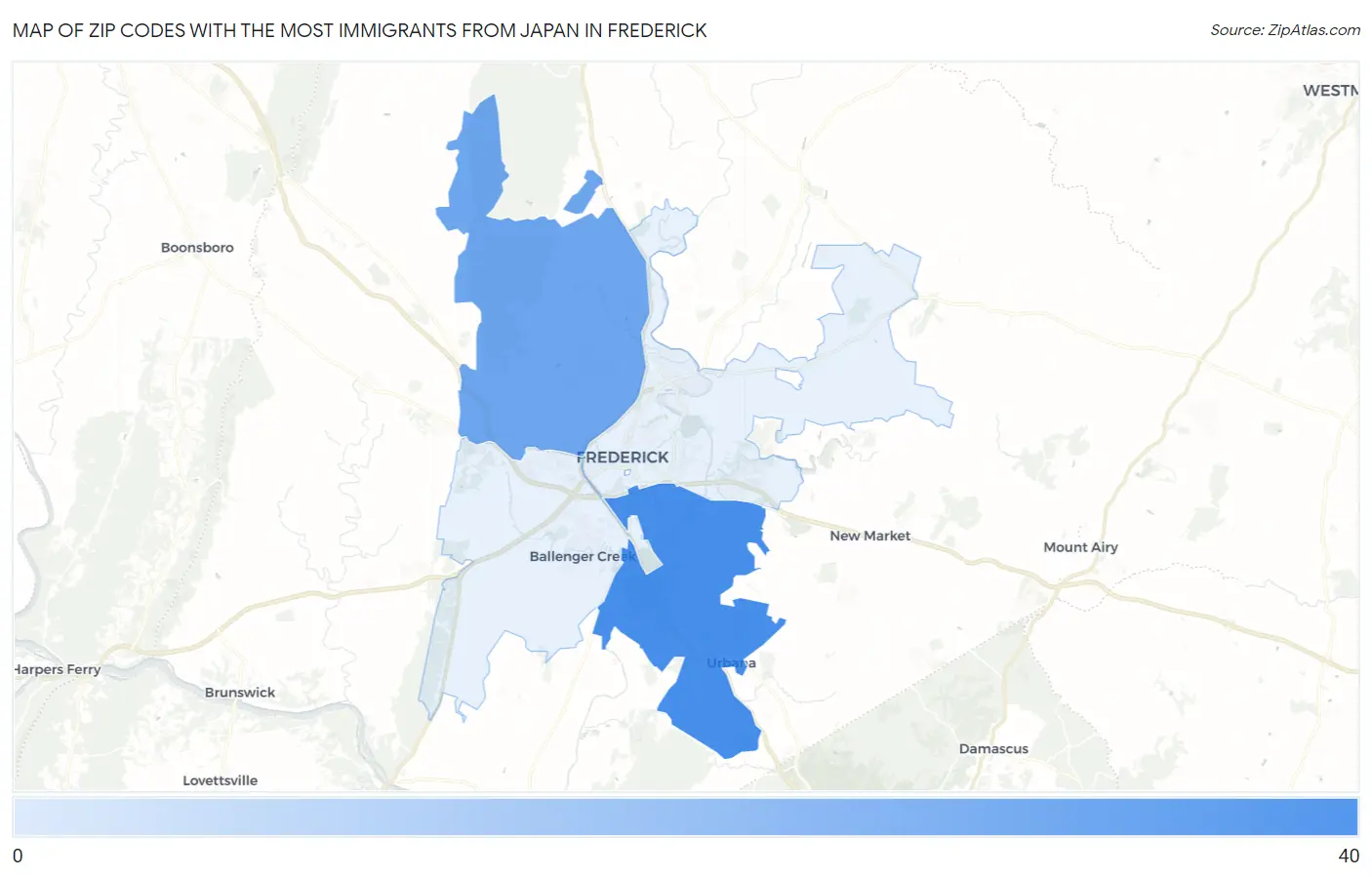 Zip Codes with the Most Immigrants from Japan in Frederick Map
