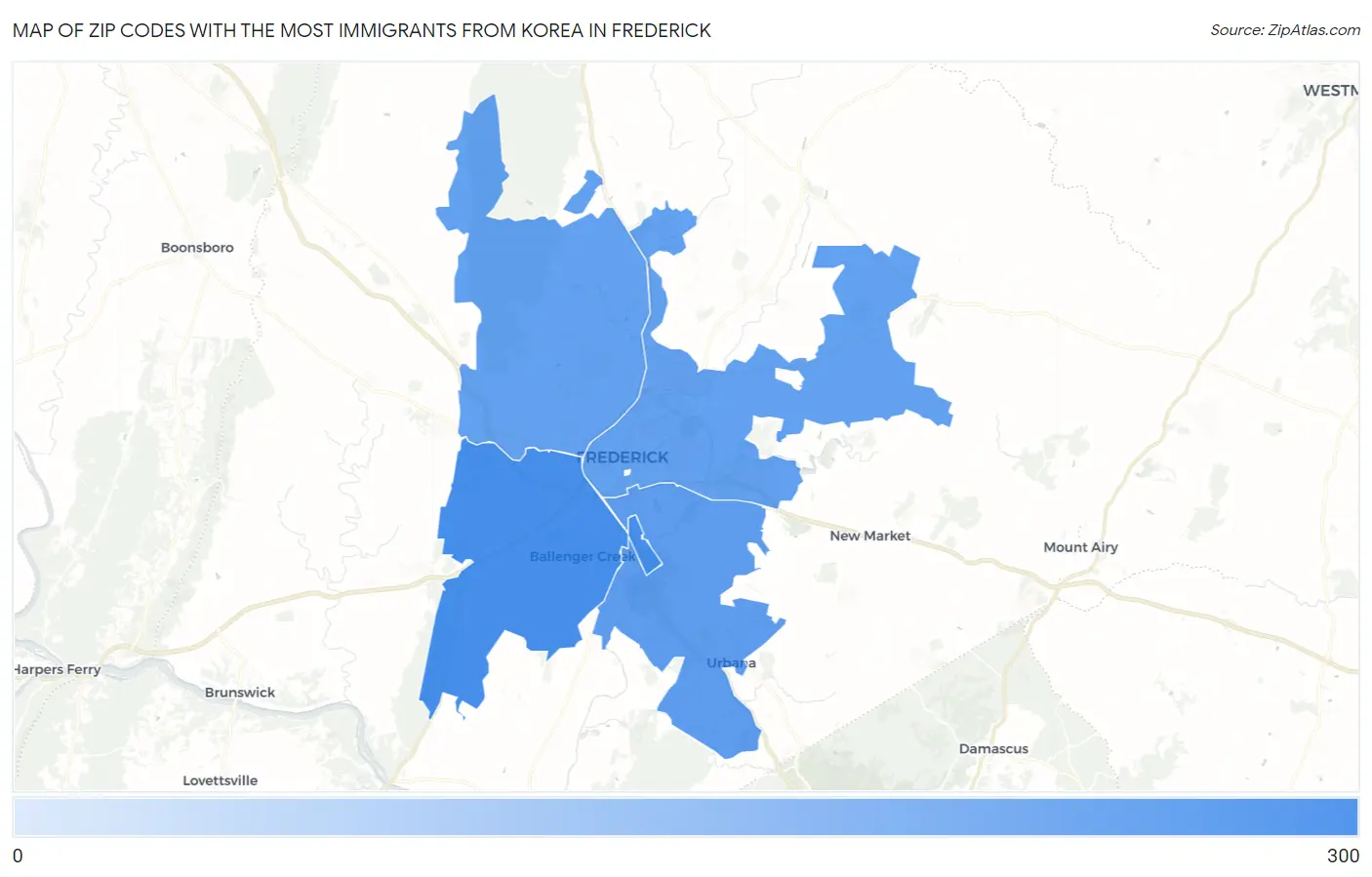 Zip Codes with the Most Immigrants from Korea in Frederick Map