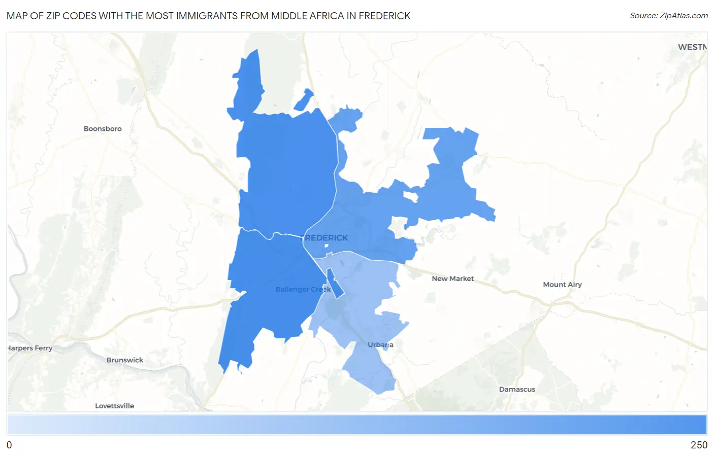 Zip Codes with the Most Immigrants from Middle Africa in Frederick Map