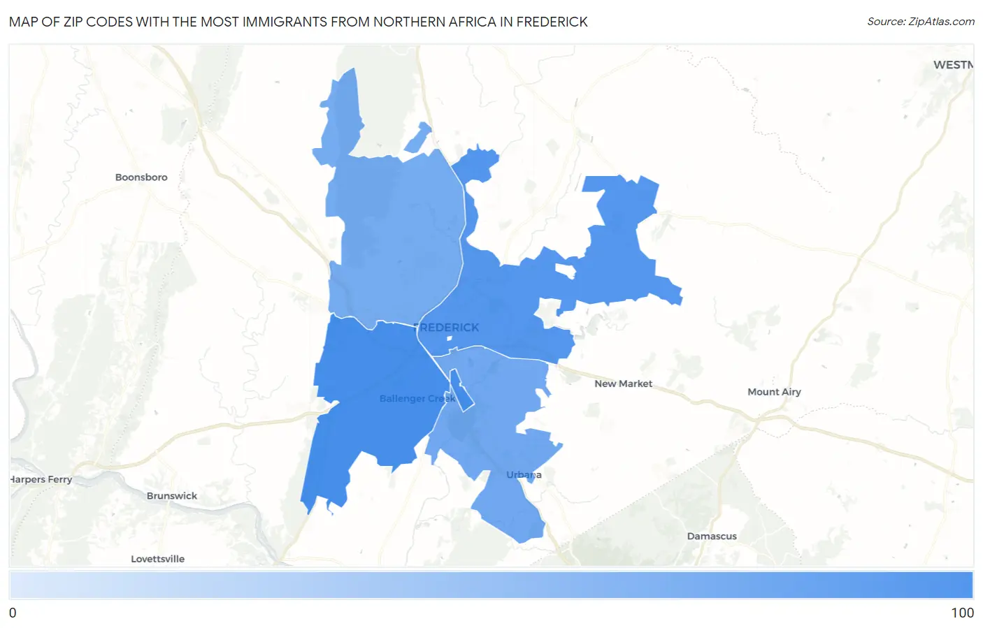 Zip Codes with the Most Immigrants from Northern Africa in Frederick Map