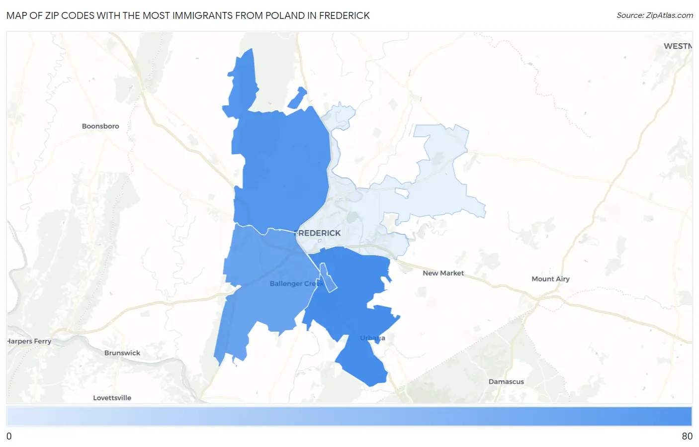 Zip Codes with the Most Immigrants from Poland in Frederick Map