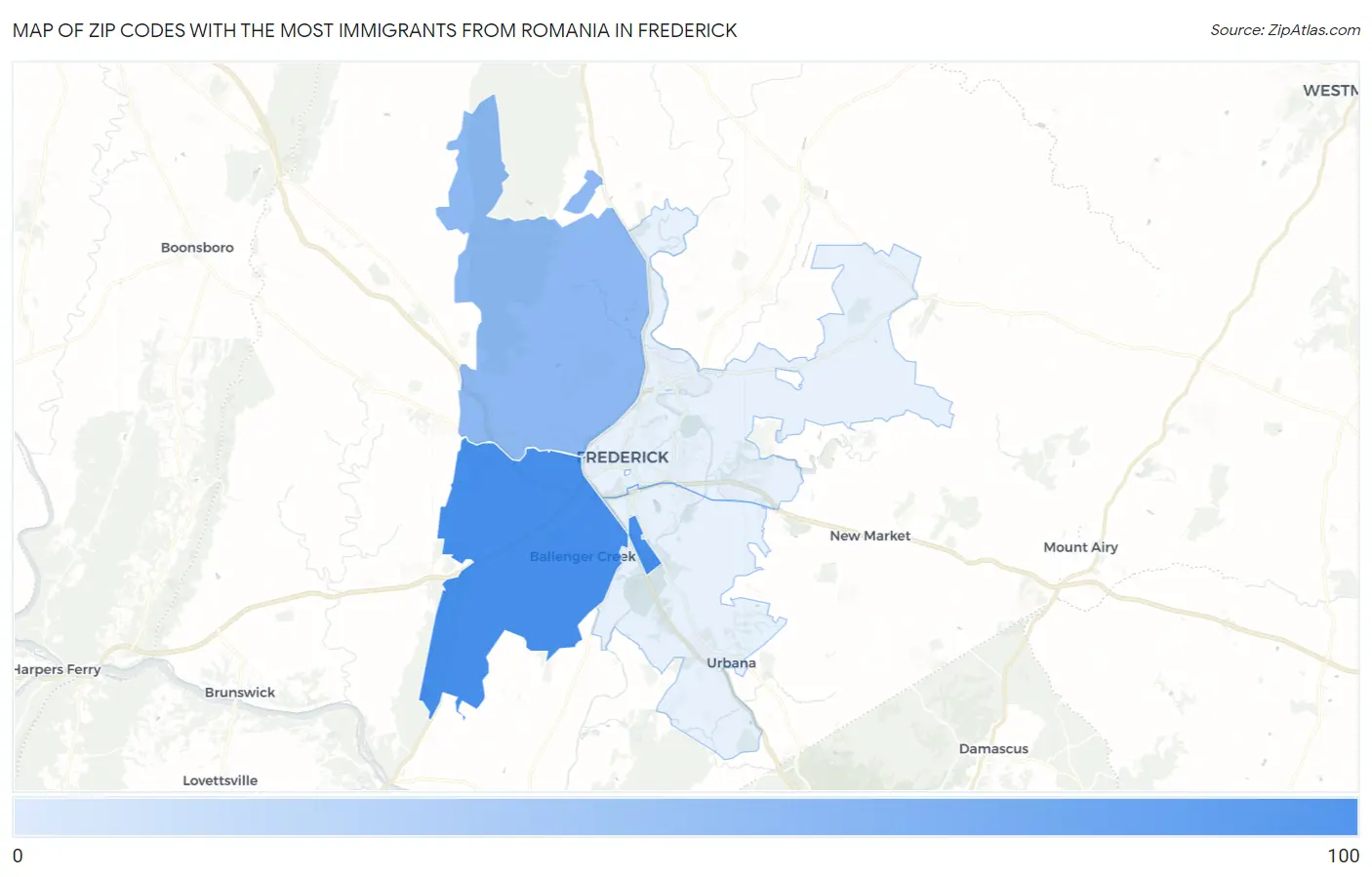 Zip Codes with the Most Immigrants from Romania in Frederick Map