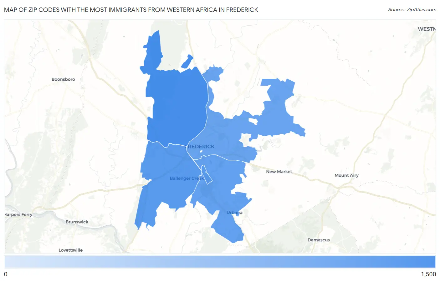 Zip Codes with the Most Immigrants from Western Africa in Frederick Map