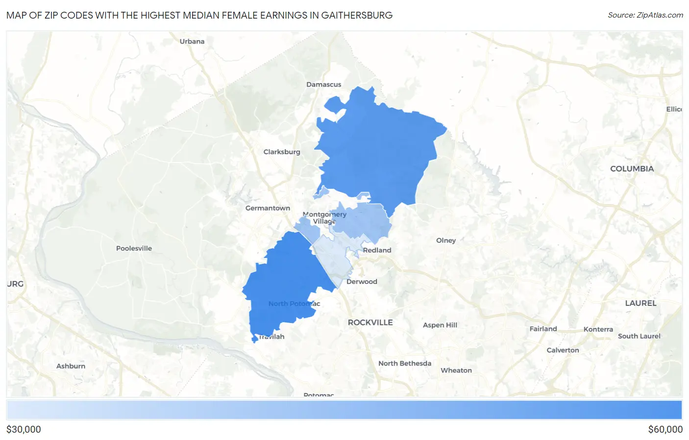 Zip Codes with the Highest Median Female Earnings in Gaithersburg Map