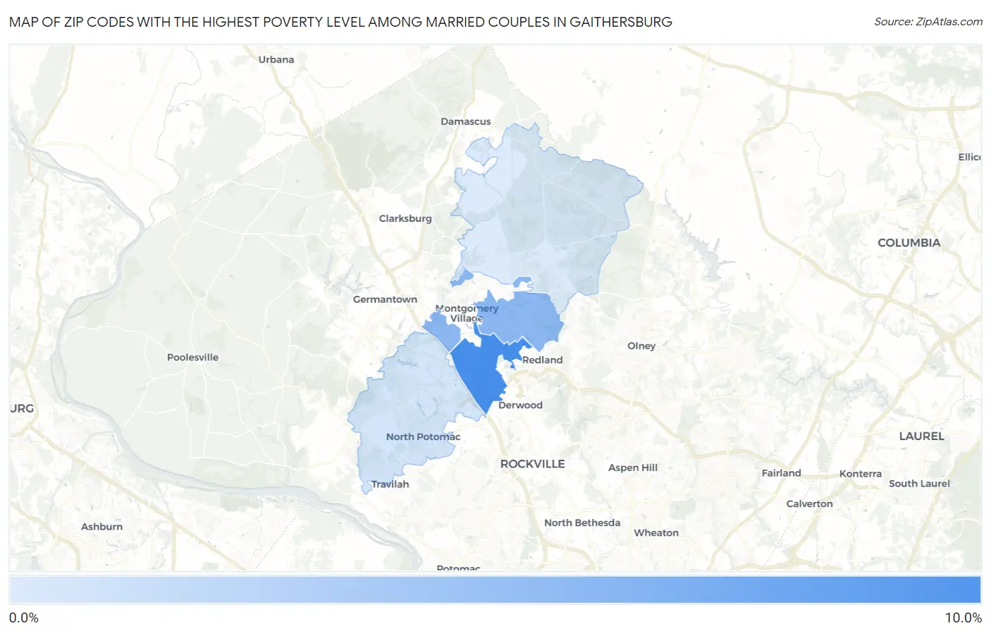 Zip Codes with the Highest Poverty Level Among Married Couples in Gaithersburg Map