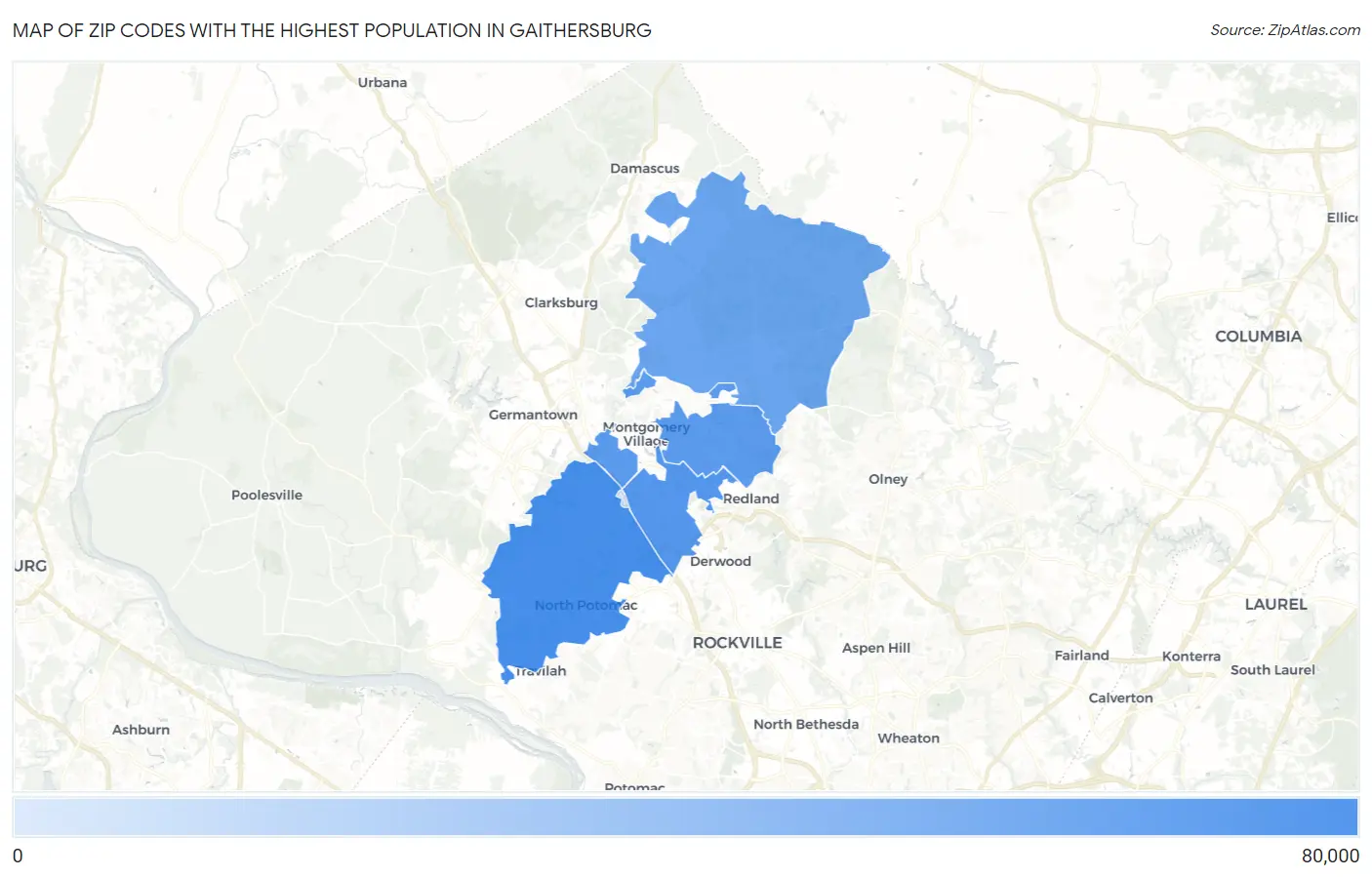 Zip Codes with the Highest Population in Gaithersburg Map