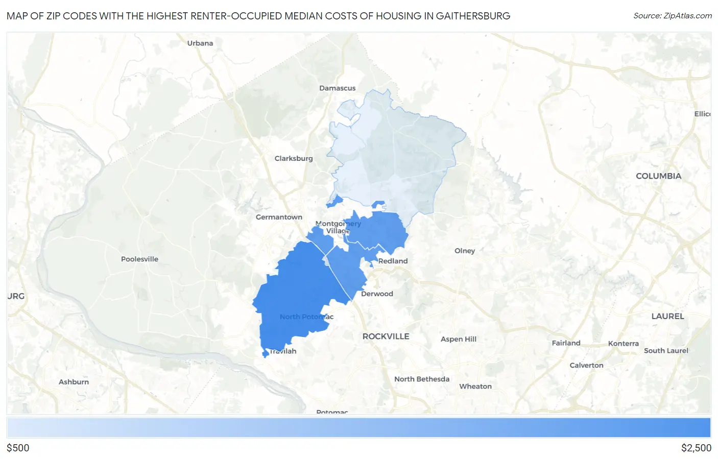 Zip Codes with the Highest Renter-Occupied Median Costs of Housing in Gaithersburg Map