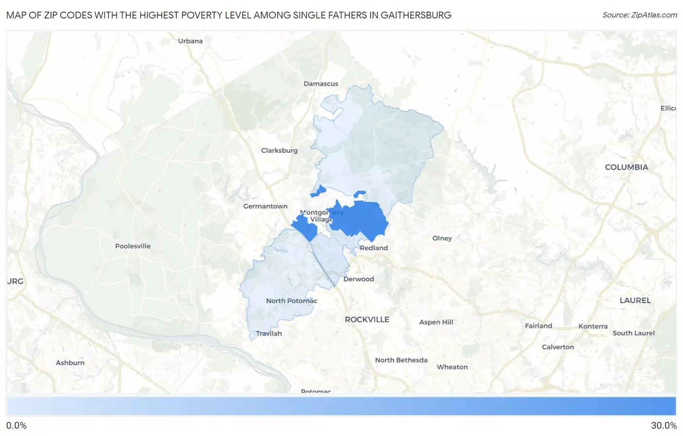 Zip Codes with the Highest Poverty Level Among Single Fathers in Gaithersburg Map