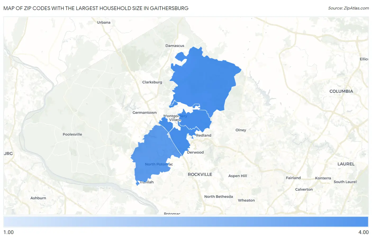 Zip Codes with the Largest Household Size in Gaithersburg Map