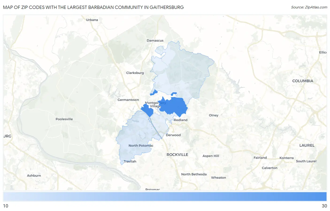Zip Codes with the Largest Barbadian Community in Gaithersburg Map