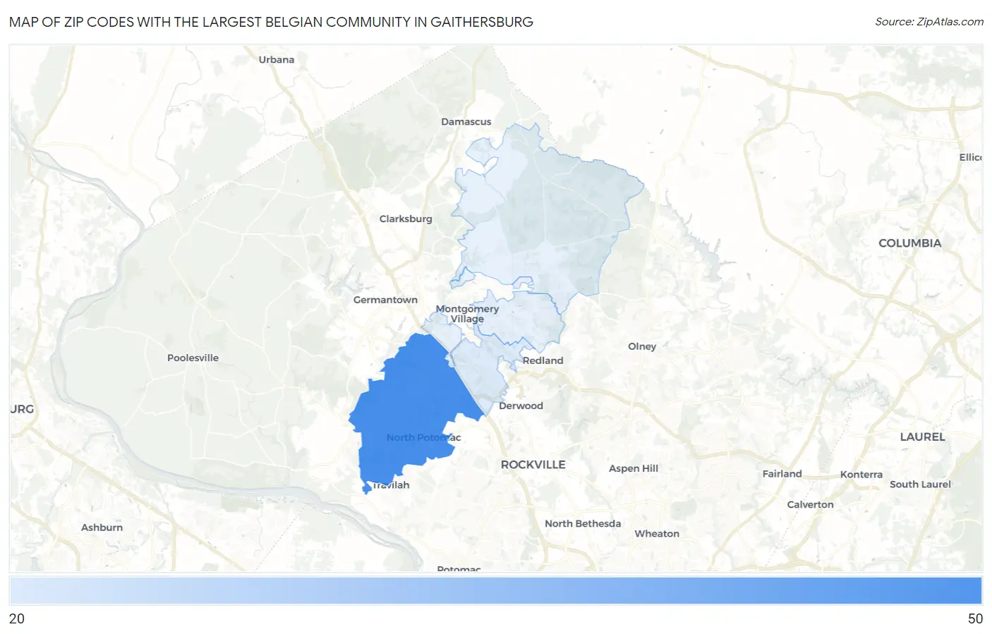 Zip Codes with the Largest Belgian Community in Gaithersburg Map