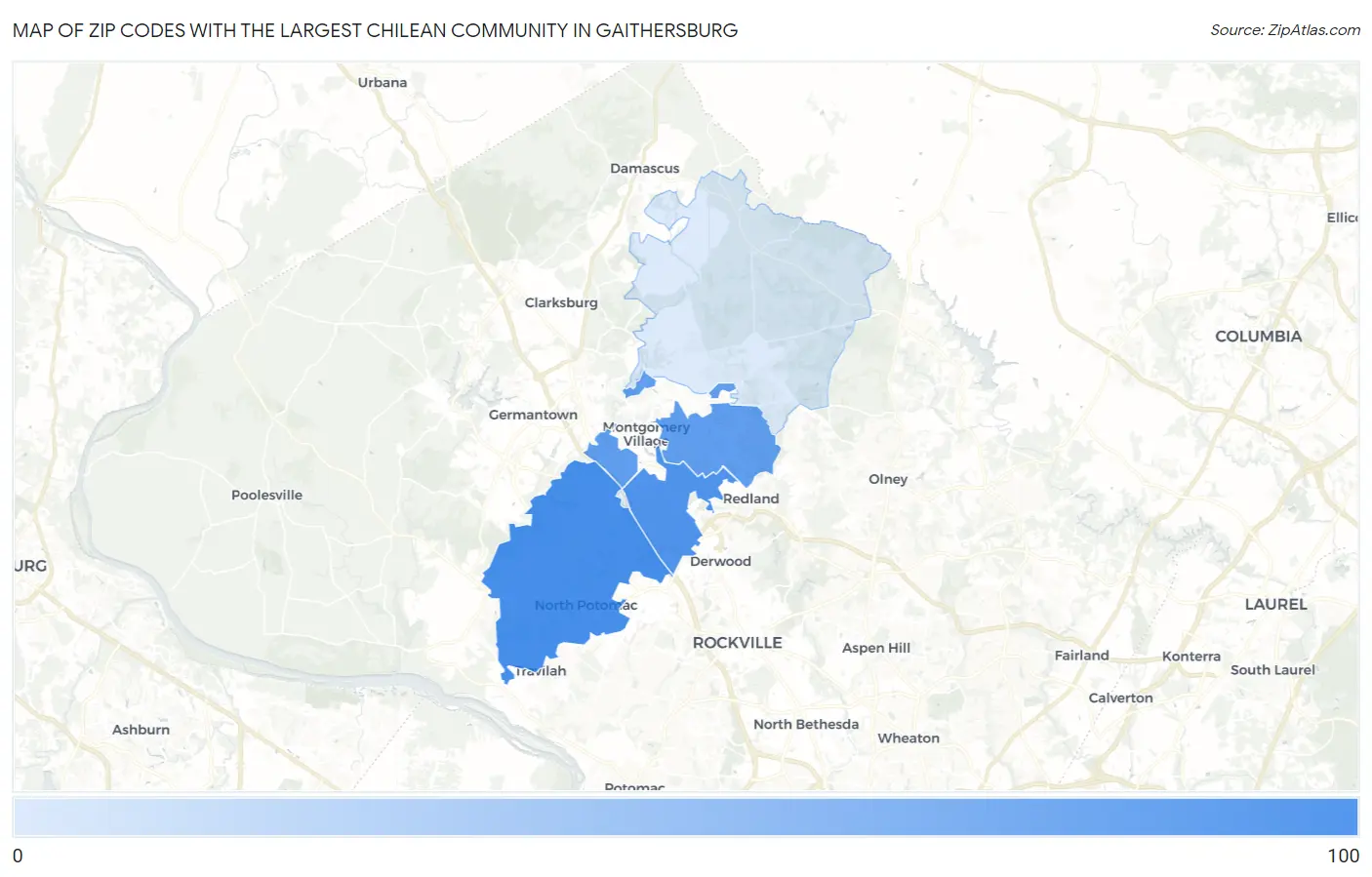 Zip Codes with the Largest Chilean Community in Gaithersburg Map