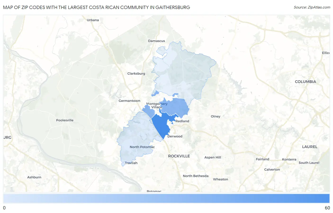 Zip Codes with the Largest Costa Rican Community in Gaithersburg Map