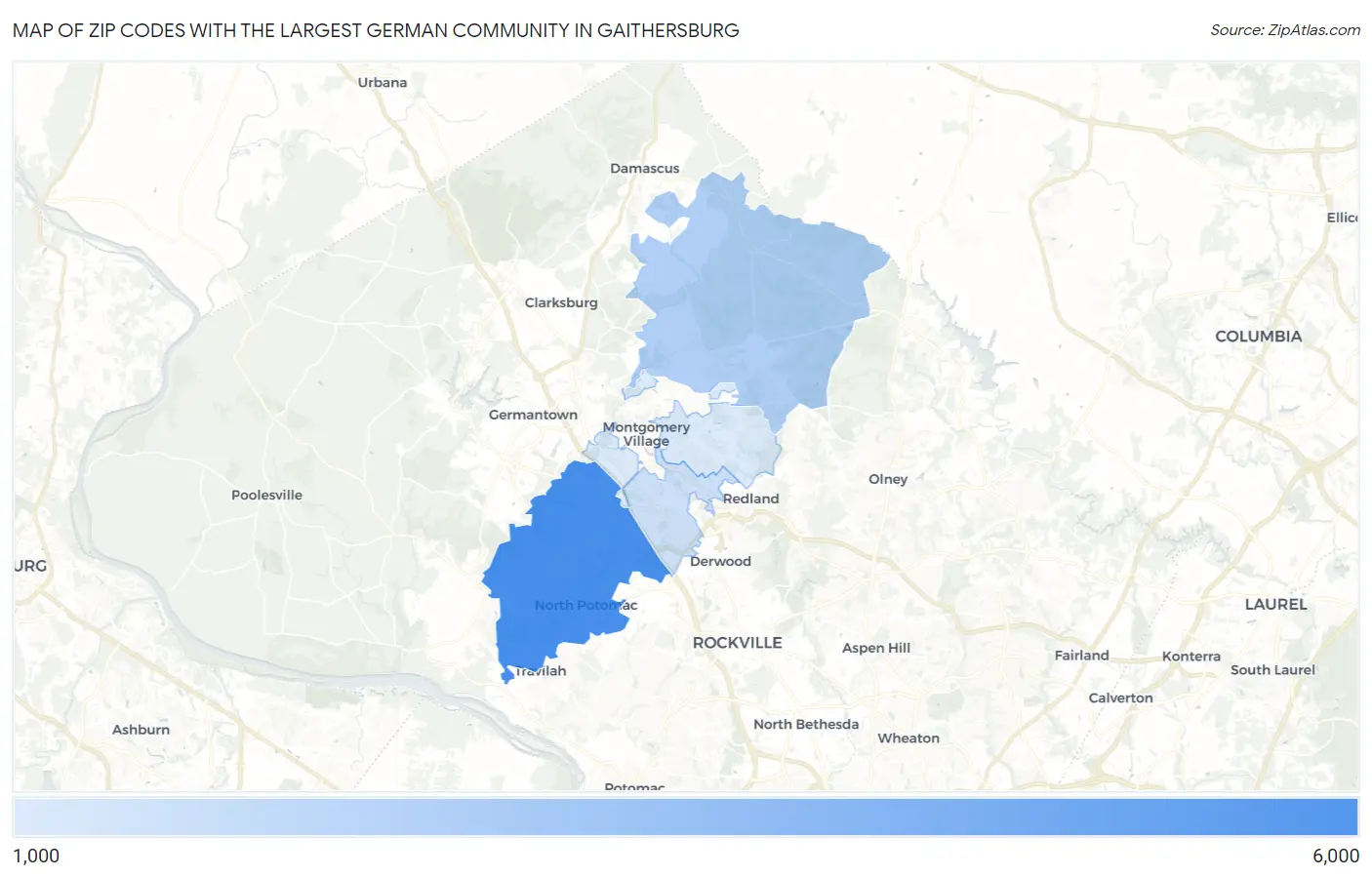 Zip Codes with the Largest German Community in Gaithersburg Map