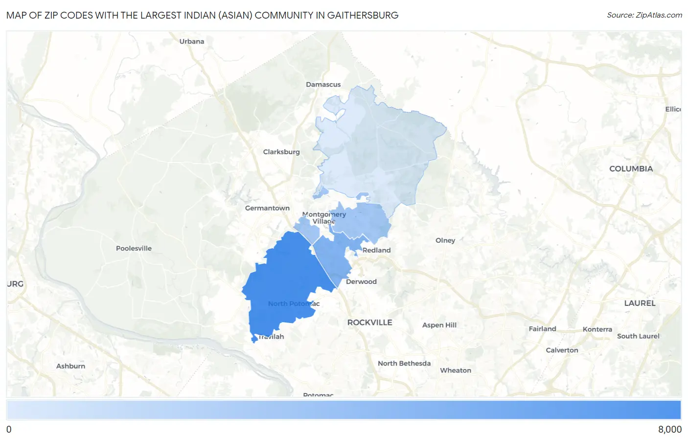 Zip Codes with the Largest Indian (Asian) Community in Gaithersburg Map