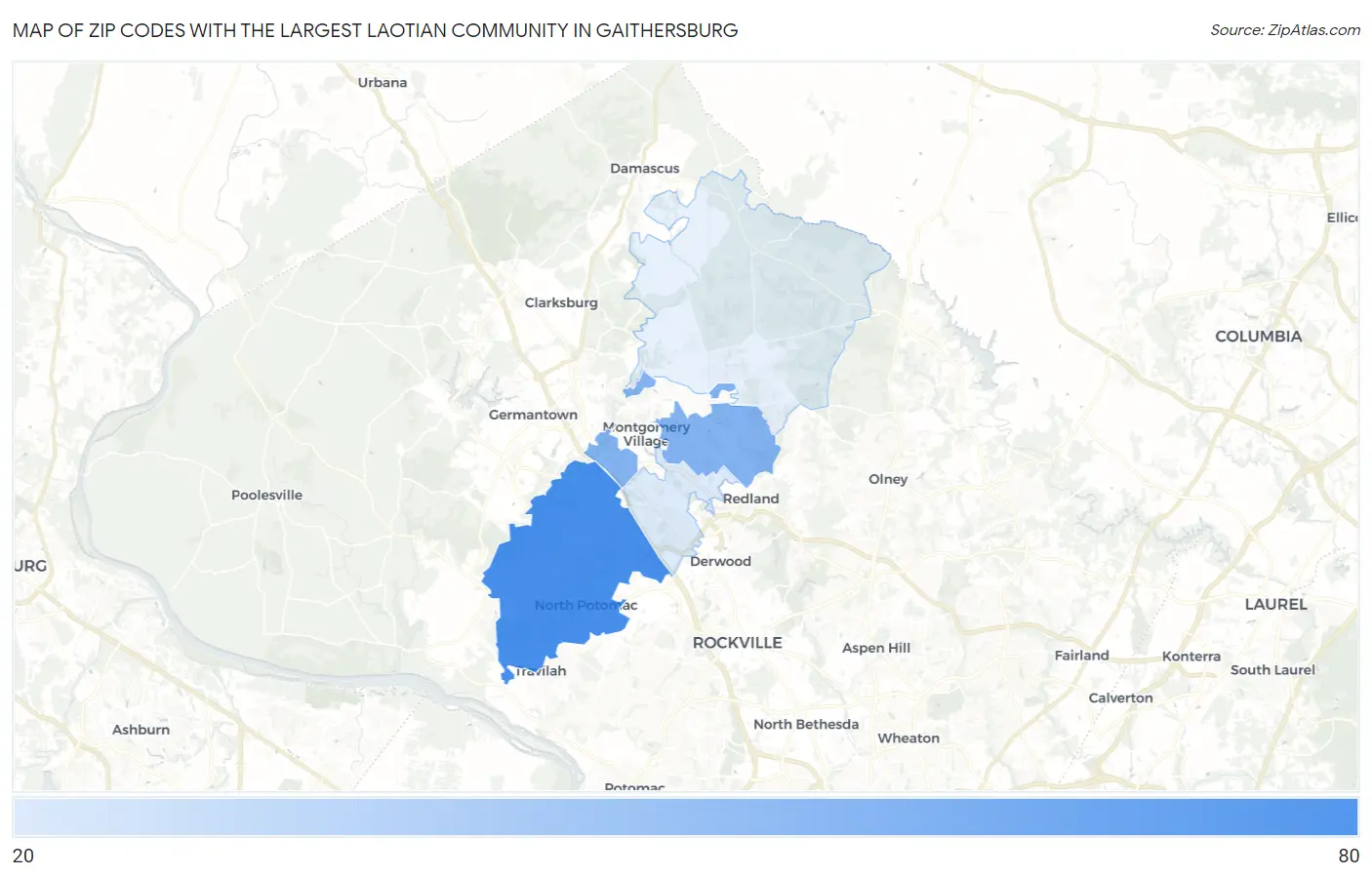 Zip Codes with the Largest Laotian Community in Gaithersburg Map