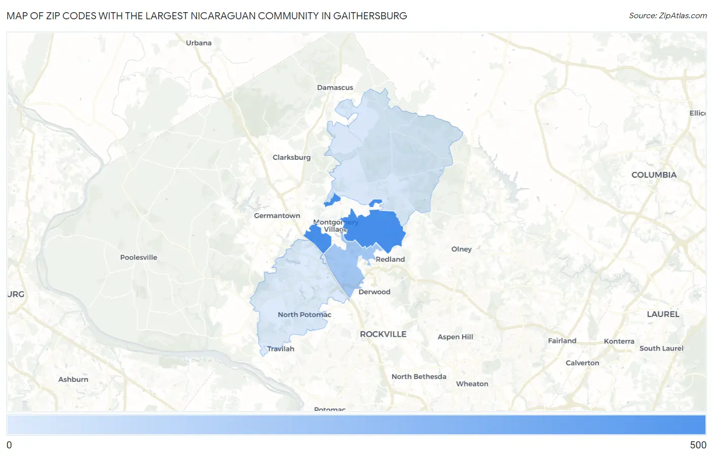 Zip Codes with the Largest Nicaraguan Community in Gaithersburg Map