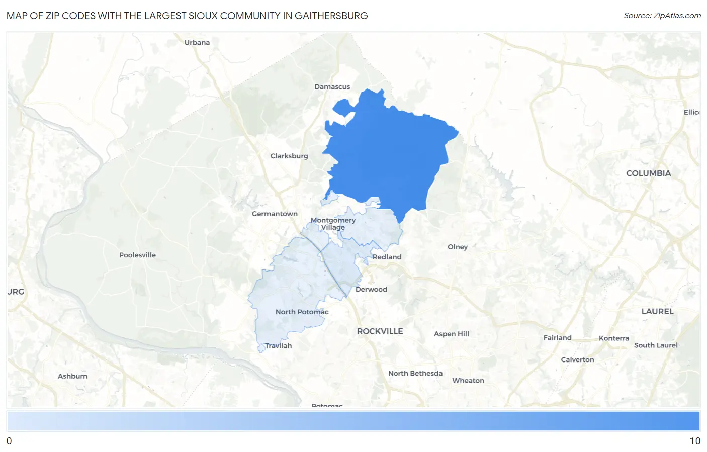 Zip Codes with the Largest Sioux Community in Gaithersburg Map