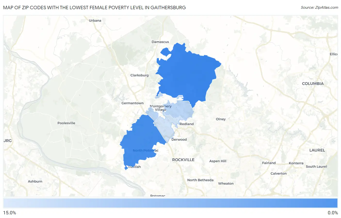 Zip Codes with the Lowest Female Poverty Level in Gaithersburg Map