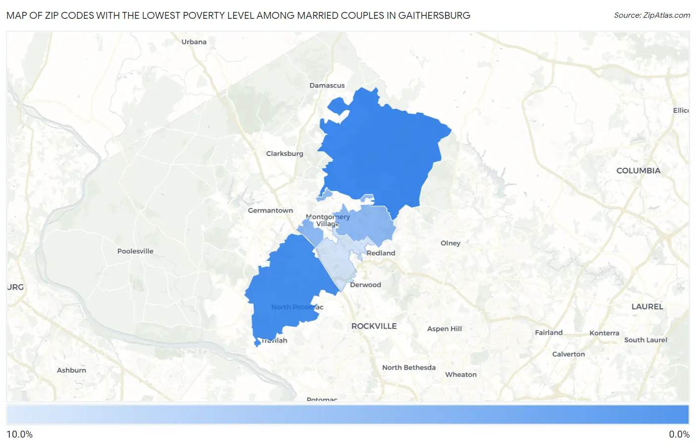 Zip Codes with the Lowest Poverty Level Among Married Couples in Gaithersburg Map