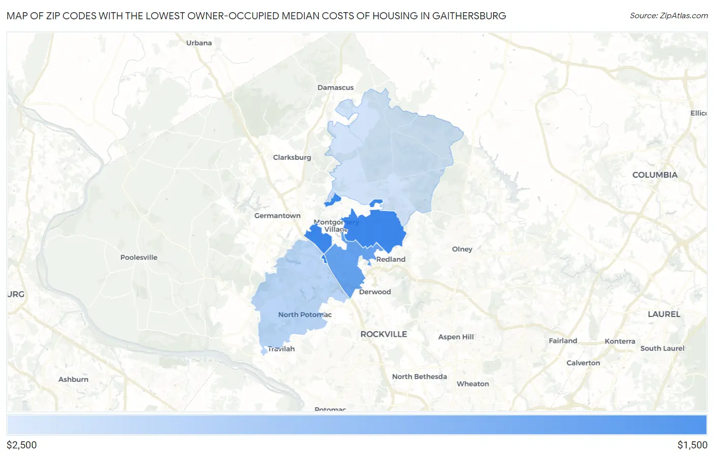 Zip Codes with the Lowest Owner-Occupied Median Costs of Housing in Gaithersburg Map