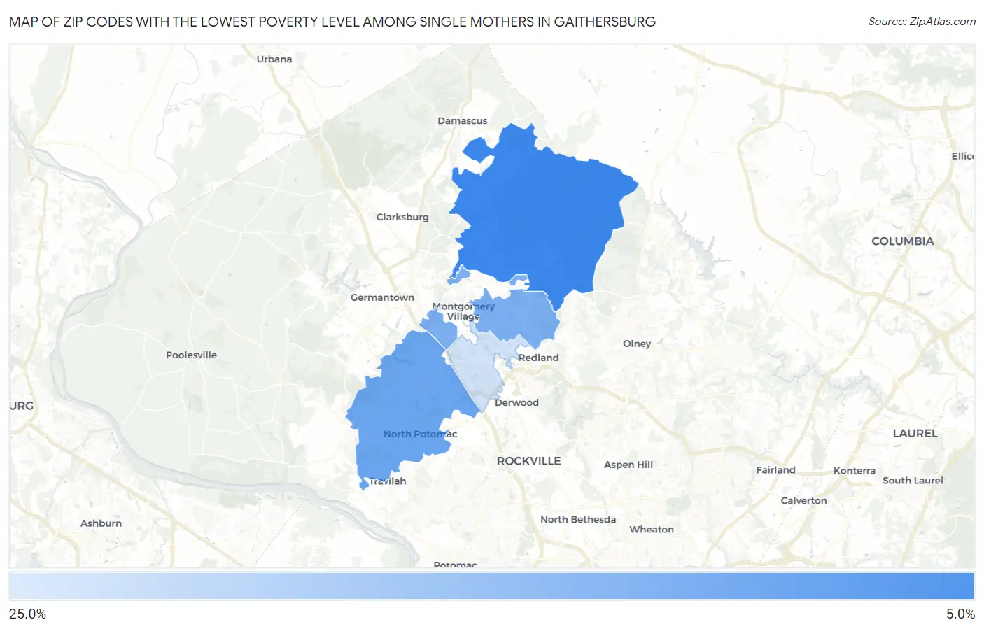 Zip Codes with the Lowest Poverty Level Among Single Mothers in Gaithersburg Map