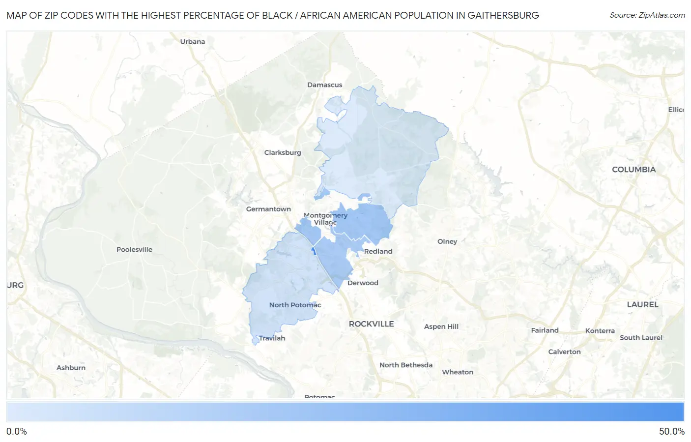 Zip Codes with the Highest Percentage of Black / African American Population in Gaithersburg Map