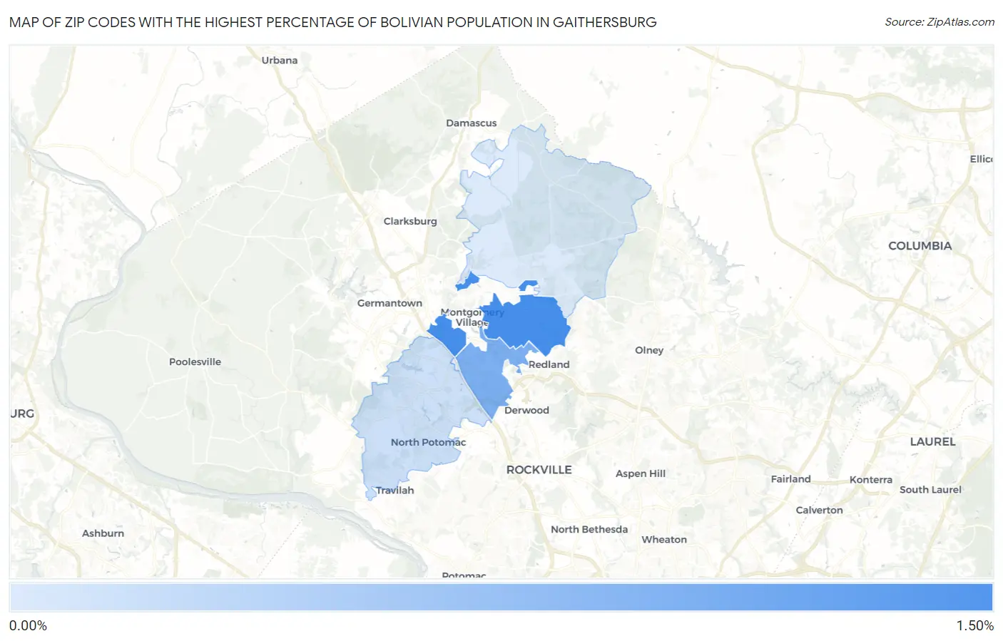 Zip Codes with the Highest Percentage of Bolivian Population in Gaithersburg Map