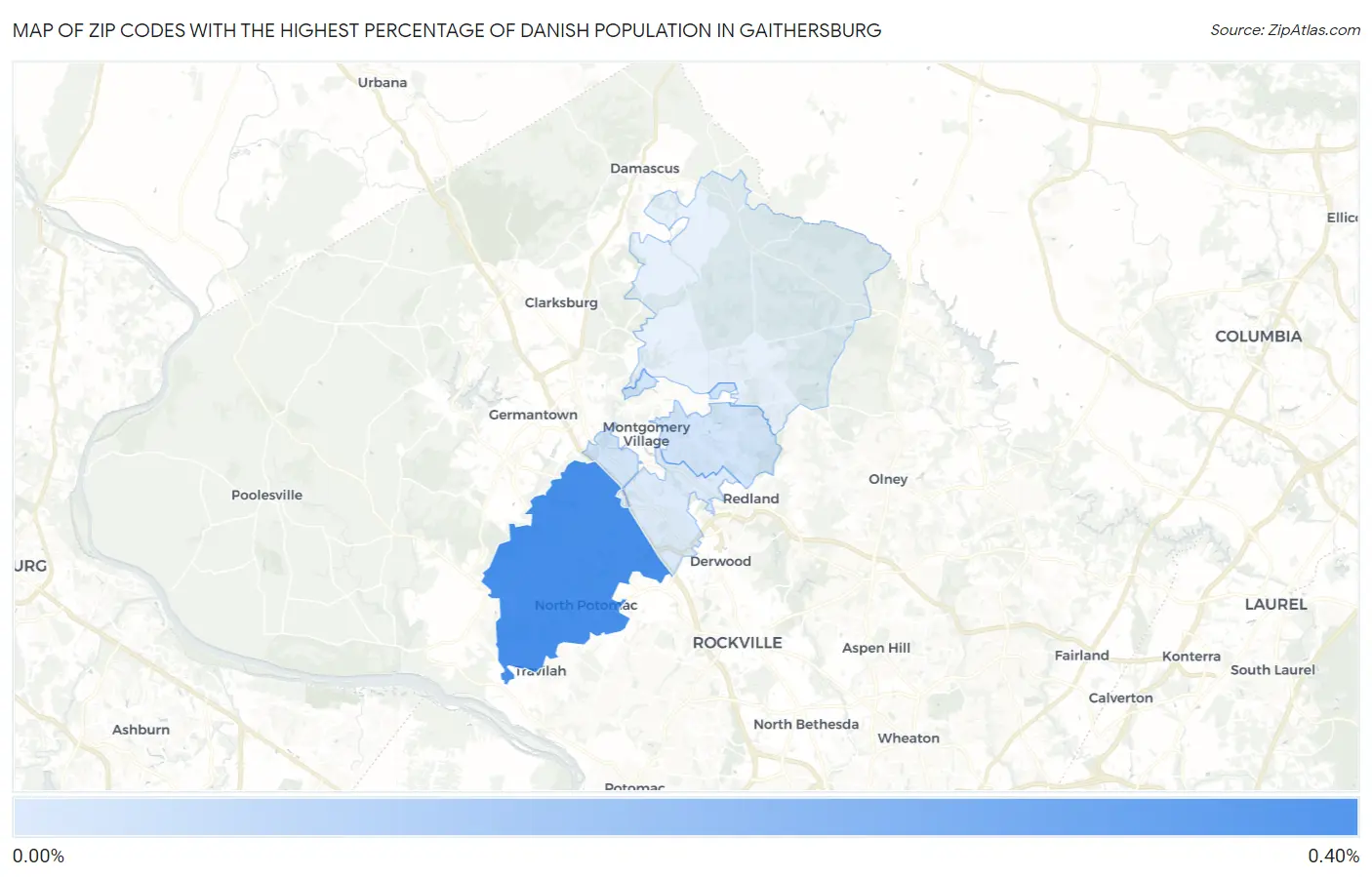 Zip Codes with the Highest Percentage of Danish Population in Gaithersburg Map