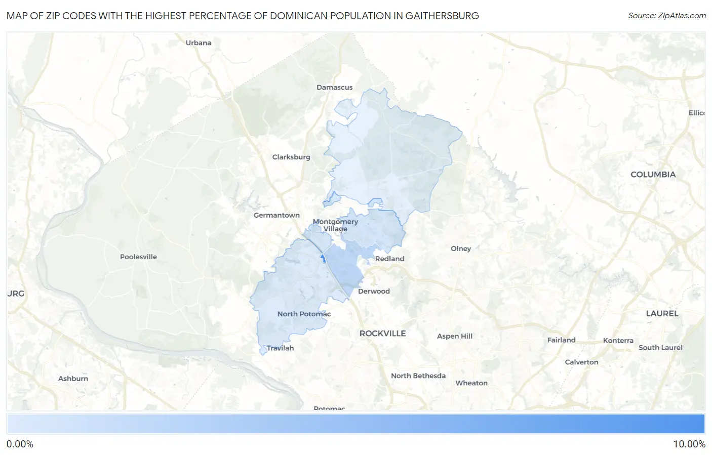 Zip Codes with the Highest Percentage of Dominican Population in Gaithersburg Map