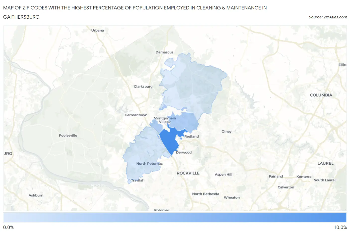 Zip Codes with the Highest Percentage of Population Employed in Cleaning & Maintenance in Gaithersburg Map