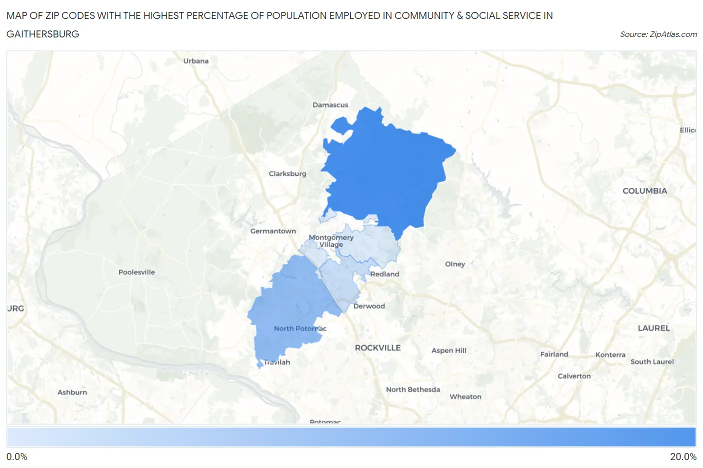 Zip Codes with the Highest Percentage of Population Employed in Community & Social Service  in Gaithersburg Map