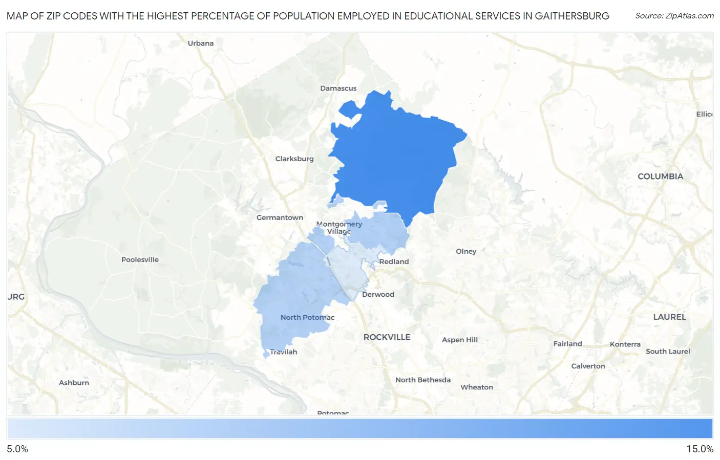Zip Codes with the Highest Percentage of Population Employed in Educational Services in Gaithersburg Map