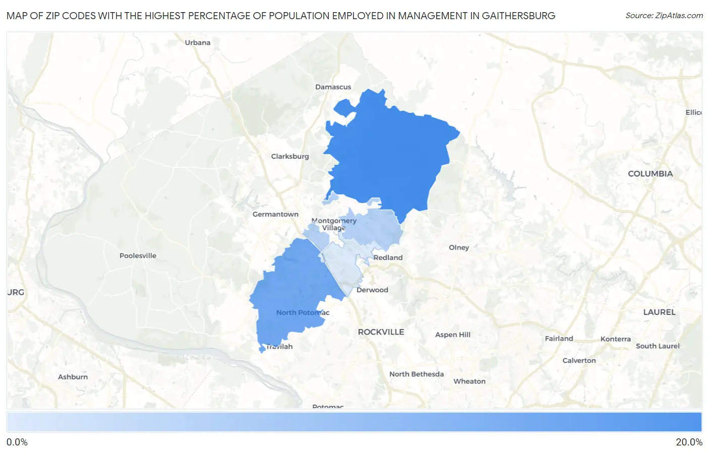 Zip Codes with the Highest Percentage of Population Employed in Management in Gaithersburg Map