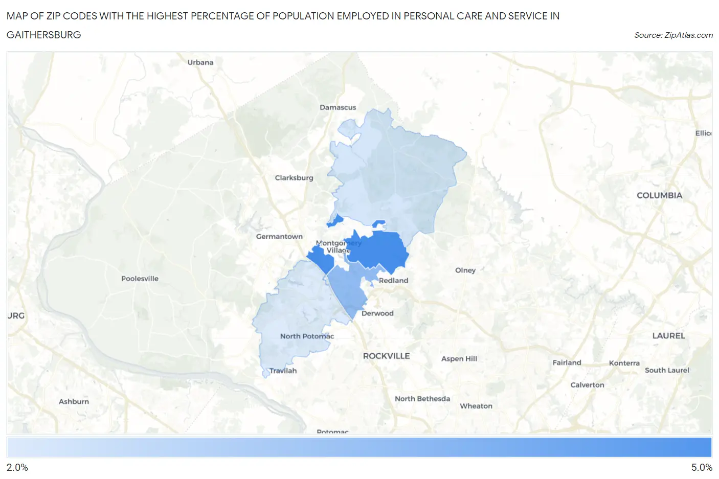 Zip Codes with the Highest Percentage of Population Employed in Personal Care and Service in Gaithersburg Map