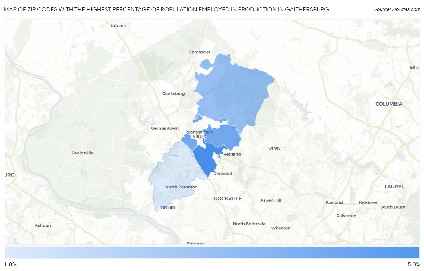 Zip Codes with the Highest Percentage of Population Employed in Production in Gaithersburg Map