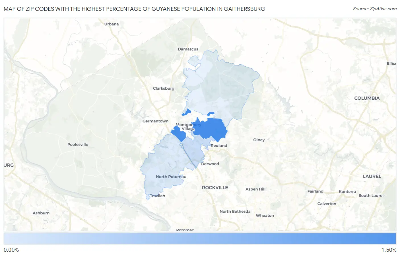 Zip Codes with the Highest Percentage of Guyanese Population in Gaithersburg Map