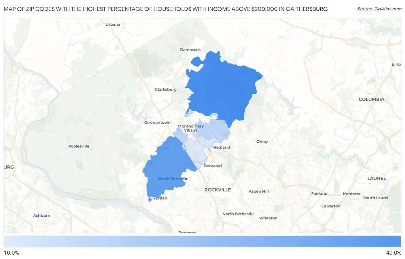 Zip Codes with the Highest Percentage of Households with Income Above $200,000 in Gaithersburg Map