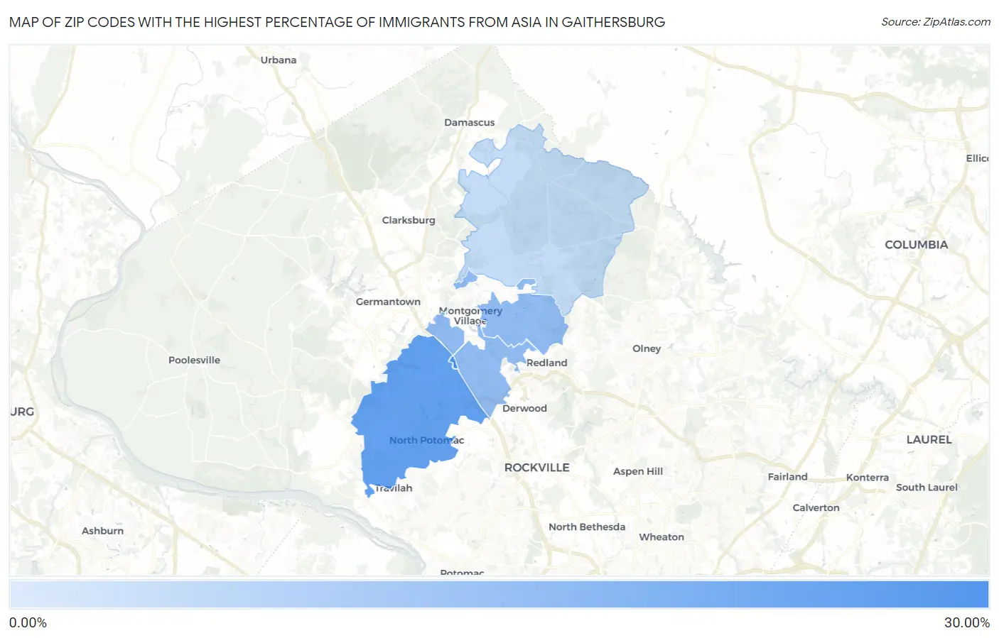 Zip Codes with the Highest Percentage of Immigrants from Asia in Gaithersburg Map