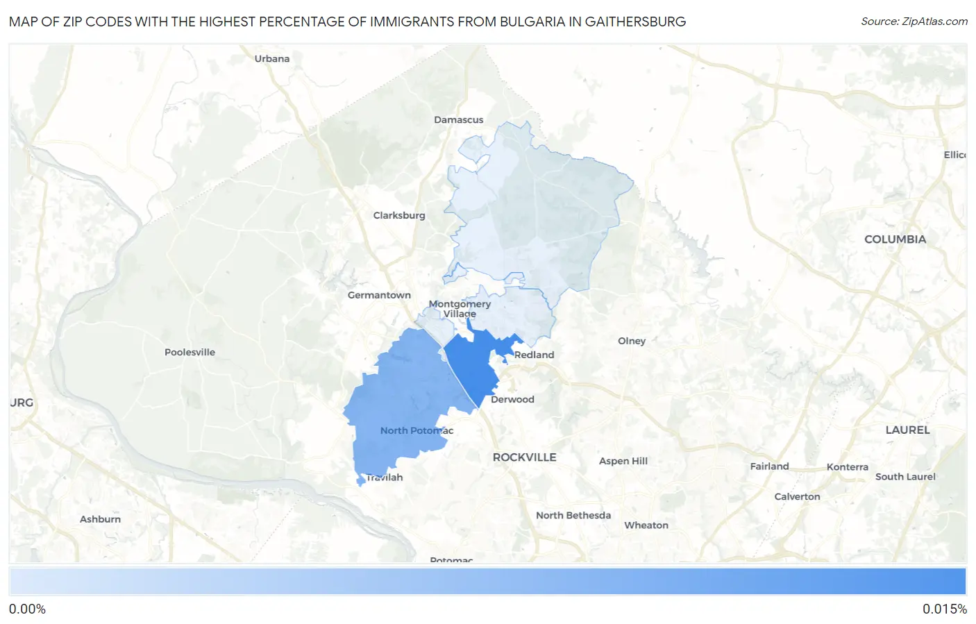 Zip Codes with the Highest Percentage of Immigrants from Bulgaria in Gaithersburg Map