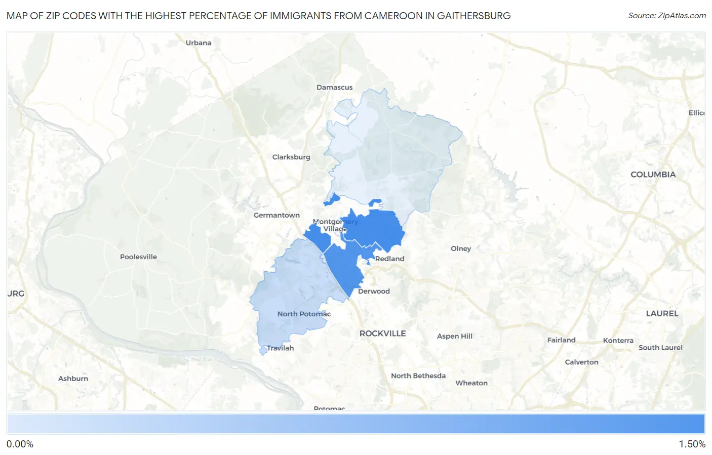 Zip Codes with the Highest Percentage of Immigrants from Cameroon in Gaithersburg Map