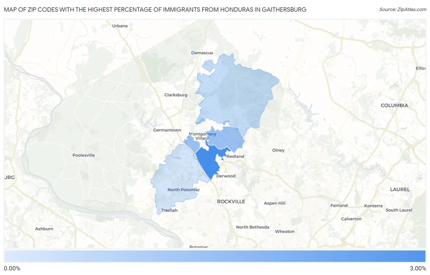 Zip Codes with the Highest Percentage of Immigrants from Honduras in Gaithersburg Map