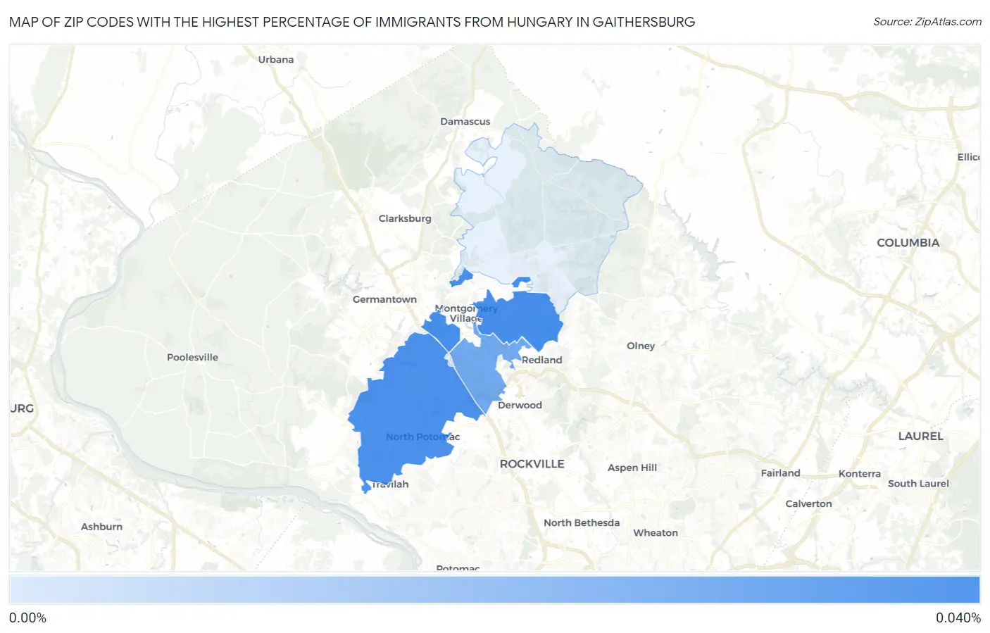 Zip Codes with the Highest Percentage of Immigrants from Hungary in Gaithersburg Map