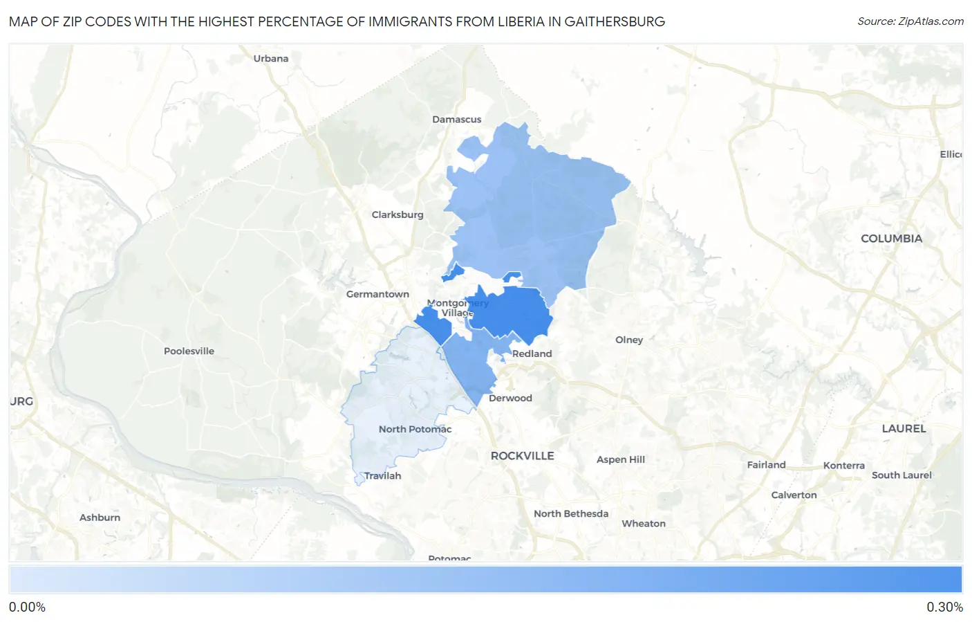 Zip Codes with the Highest Percentage of Immigrants from Liberia in Gaithersburg Map