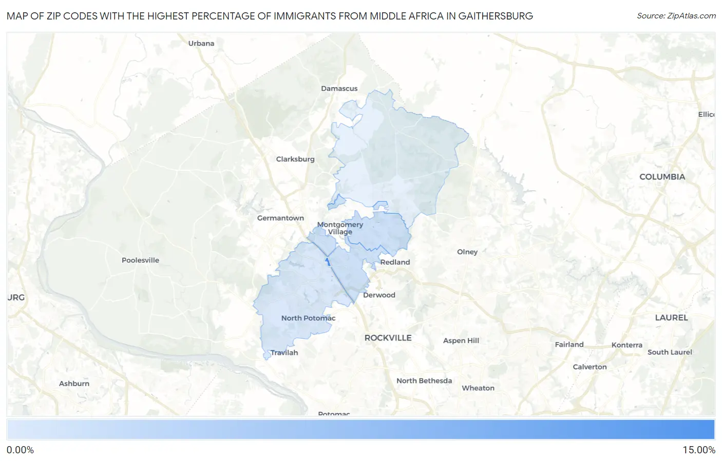Zip Codes with the Highest Percentage of Immigrants from Middle Africa in Gaithersburg Map