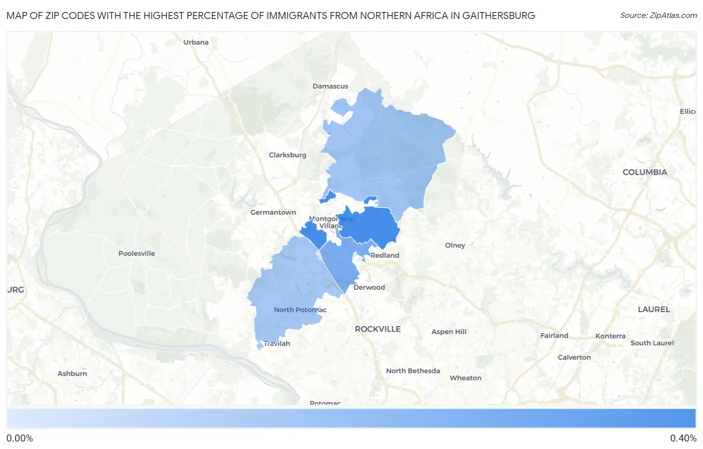 Zip Codes with the Highest Percentage of Immigrants from Northern Africa in Gaithersburg Map