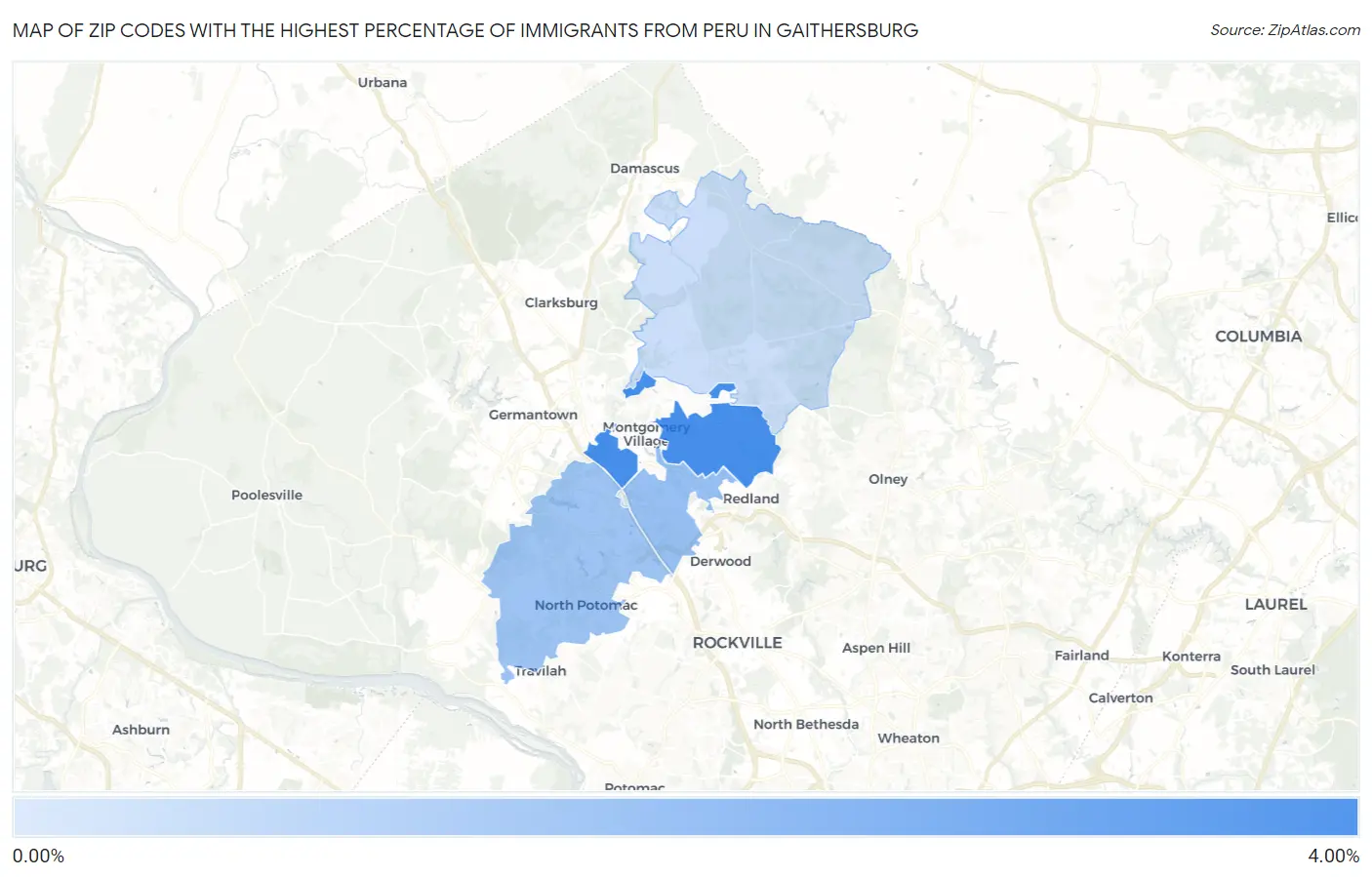 Zip Codes with the Highest Percentage of Immigrants from Peru in Gaithersburg Map